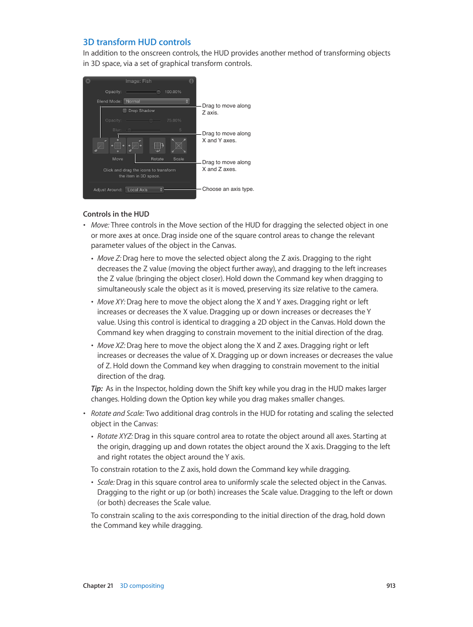 3d transform hud controls, 3d transform hud, Controls | Apple Motion 5.1.1 User Manual | Page 913 / 1090