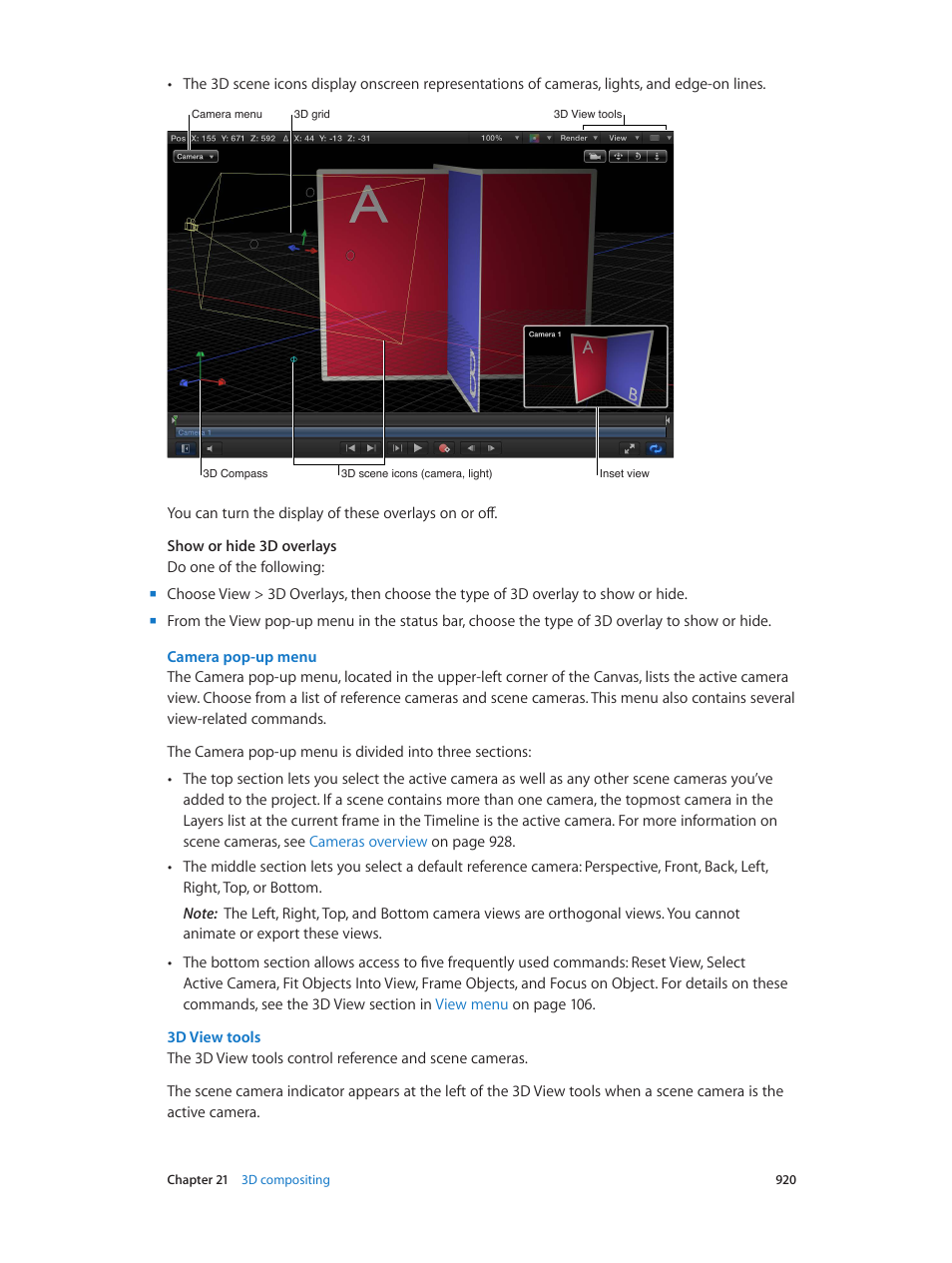3d view tools, Camera pop-up menu | Apple Motion 5.1.1 User Manual | Page 920 / 1090