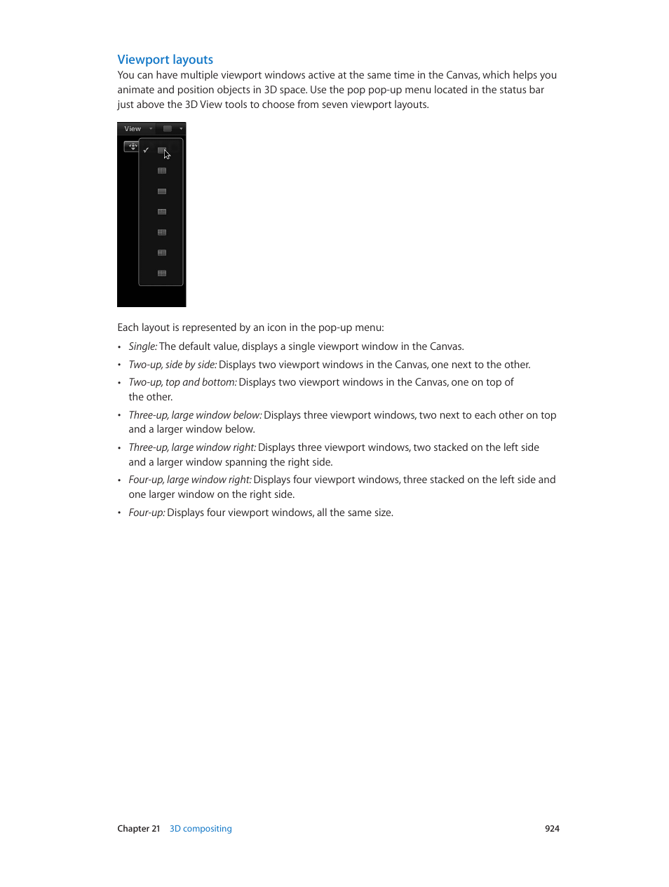 Viewport layouts | Apple Motion 5.1.1 User Manual | Page 924 / 1090