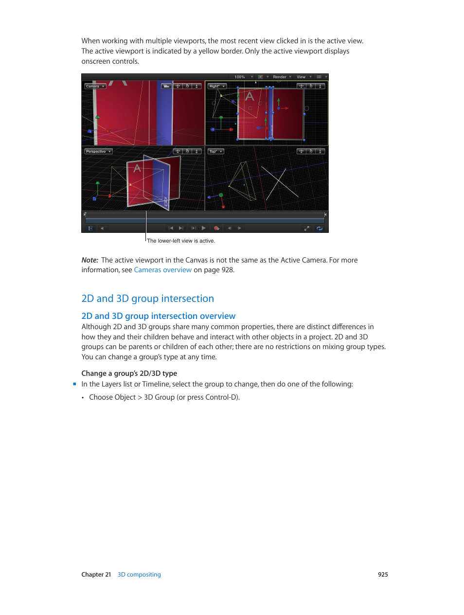 2d and 3d group intersection, 2d and 3d group intersection overview, 925 2d and 3d group intersection 925 | 2d and 3d, Group intersection overview | Apple Motion 5.1.1 User Manual | Page 925 / 1090