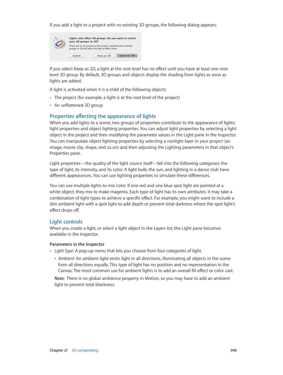 Properties affecting the appearance of lights, Light controls | Apple Motion 5.1.1 User Manual | Page 940 / 1090