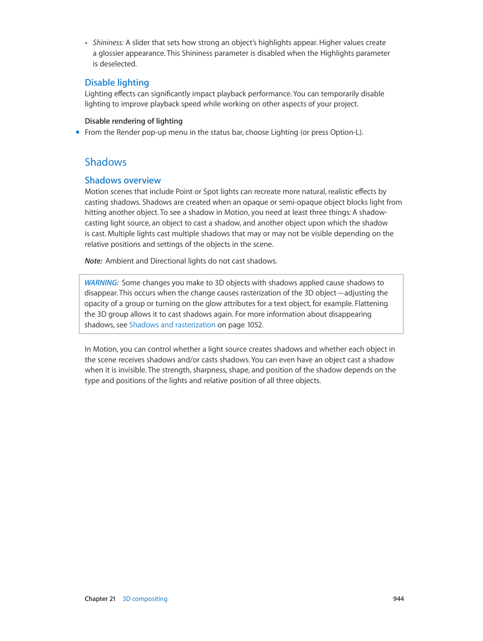 Disable lighting, Shadows, Shadows overview | 944 shadows 944 | Apple Motion 5.1.1 User Manual | Page 944 / 1090