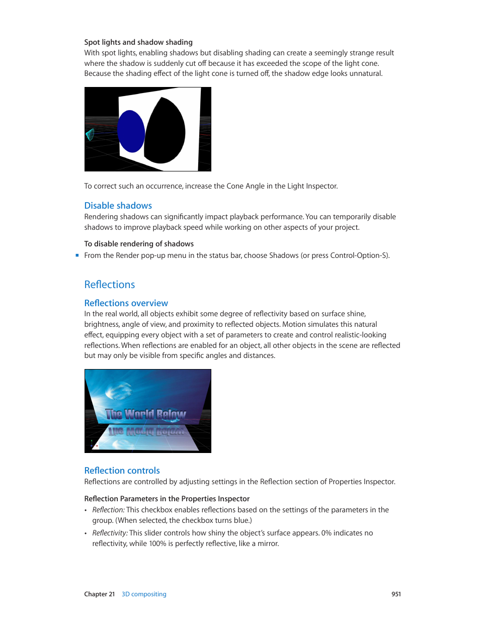 Disable shadows, Reflections, Reflections overview | Reflection controls, 951 reflections 951 | Apple Motion 5.1.1 User Manual | Page 951 / 1090