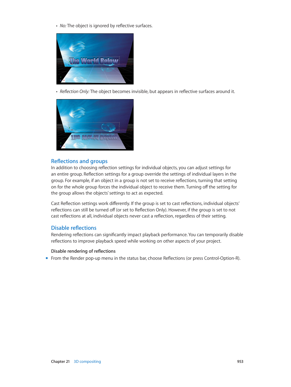 Reflections and groups, Disable reflections | Apple Motion 5.1.1 User Manual | Page 953 / 1090