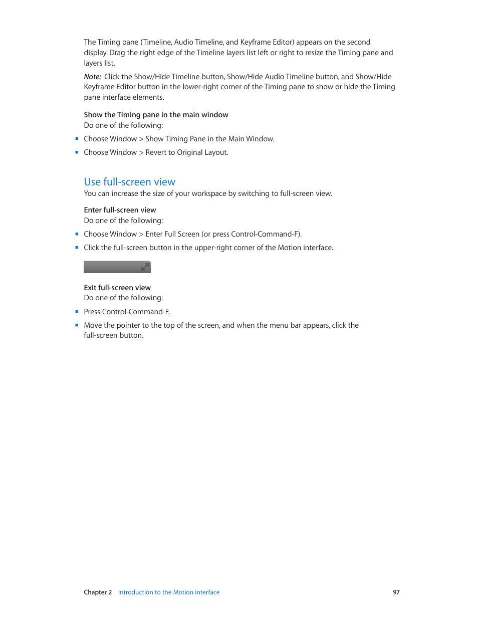 Use full-screen view, 97 use full-screen view | Apple Motion 5.1.1 User Manual | Page 97 / 1090