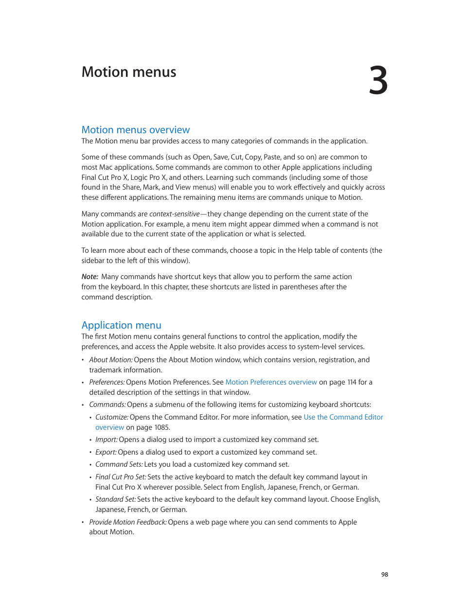 Chapter 3: motion menus, Motion menus overview, Application menu | 98 motion menus overview 98 application menu, Motion menus | Apple Motion 5.1.1 User Manual | Page 98 / 1090