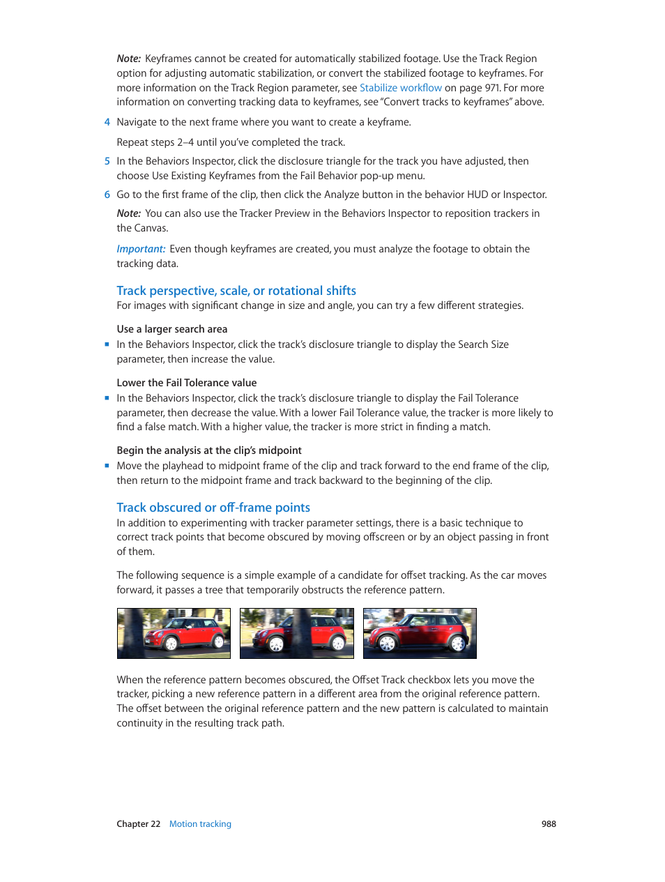 Track perspective, scale, or rotational shifts, Track obscured or off-frame points | Apple Motion 5.1.1 User Manual | Page 988 / 1090