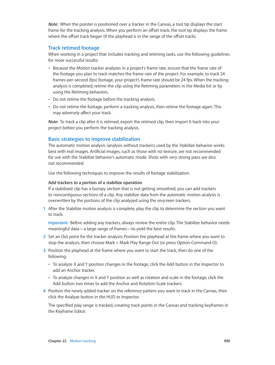 Track retimed footage, Basic strategies to improve stabilization, Basic | Strategies to improve stabilization, Basic strategies to, Improve stabilization | Apple Motion 5.1.1 User Manual | Page 990 / 1090