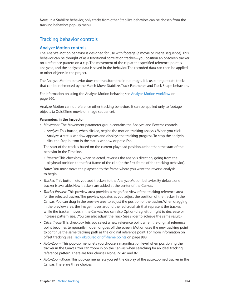 Tracking behavior controls, Analyze motion controls, 994 tracking behavior controls 994 | Apple Motion 5.1.1 User Manual | Page 994 / 1090