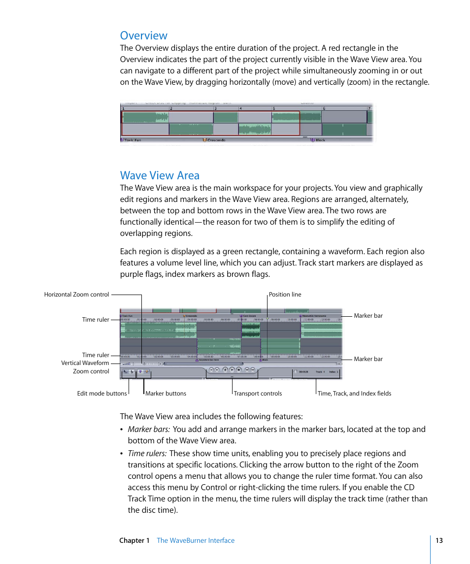 Overview, Wave view area | Apple WaveBurner 1.5 User Manual | Page 13 / 65