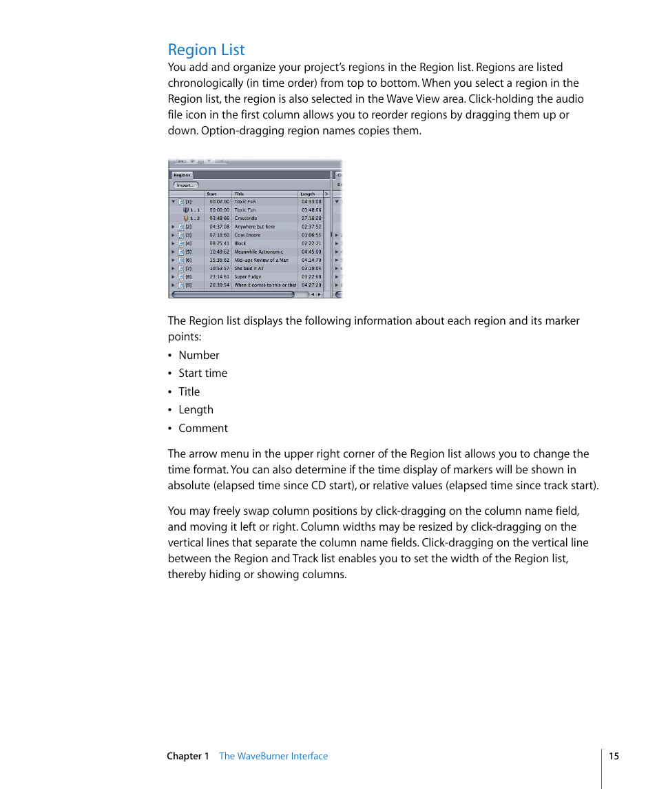 Region list | Apple WaveBurner 1.5 User Manual | Page 15 / 65