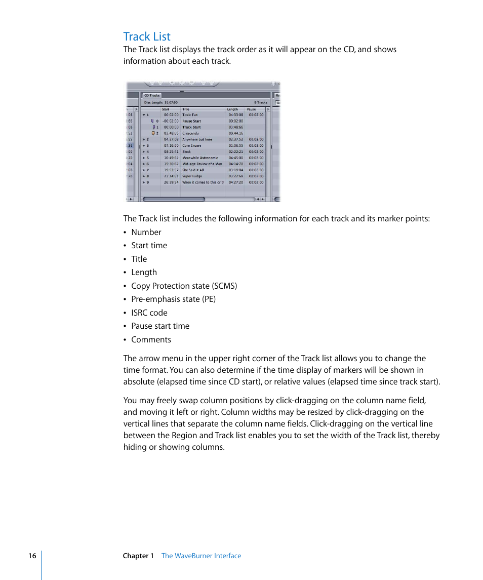 Track list | Apple WaveBurner 1.5 User Manual | Page 16 / 65