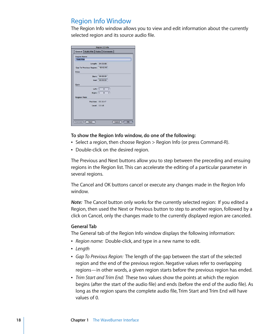 Region info window | Apple WaveBurner 1.5 User Manual | Page 18 / 65