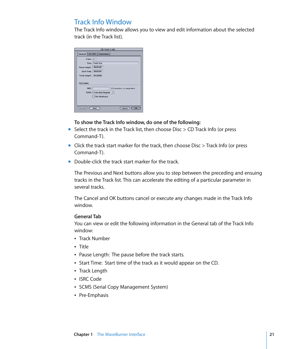 Track info window | Apple WaveBurner 1.5 User Manual | Page 21 / 65