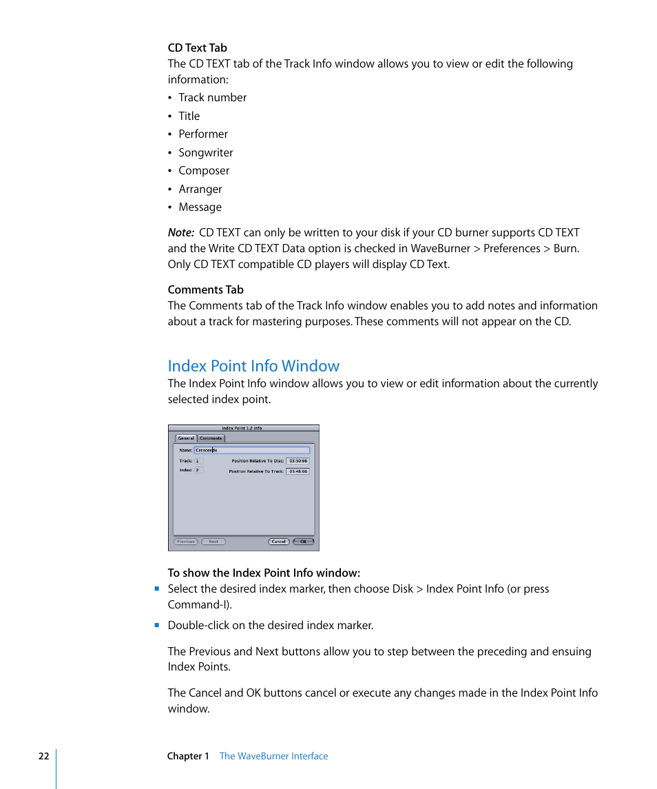 Index point info window | Apple WaveBurner 1.5 User Manual | Page 22 / 65