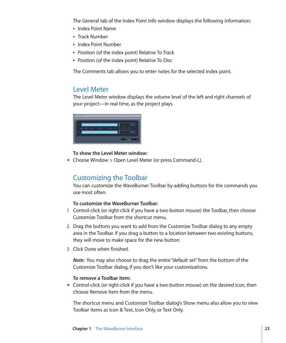 Level meter, Customizing the toolbar | Apple WaveBurner 1.5 User Manual | Page 23 / 65