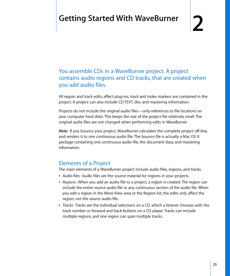 Getting started with waveburner, Elements of a project, Chapter 2 | Apple WaveBurner 1.5 User Manual | Page 25 / 65