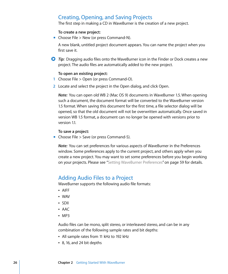 Creating, opening, and saving projects, Adding audio files to a project | Apple WaveBurner 1.5 User Manual | Page 26 / 65