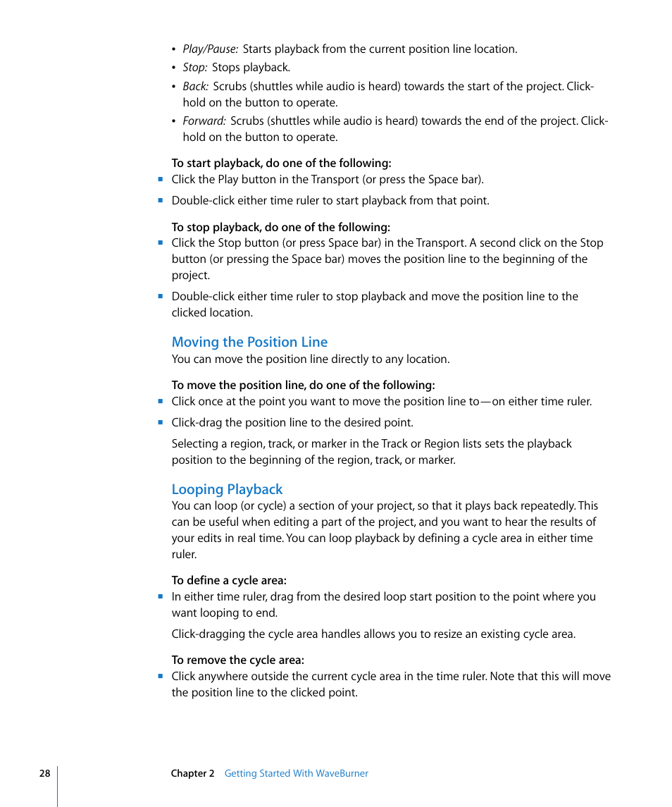 Moving the position line, Looping playback | Apple WaveBurner 1.5 User Manual | Page 28 / 65