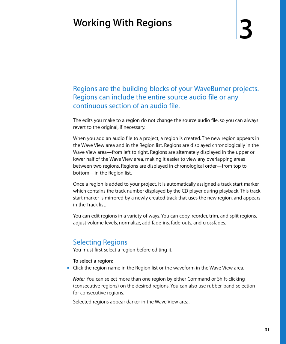Working with regions, Selecting regions, Chapter 3 | Apple WaveBurner 1.5 User Manual | Page 31 / 65