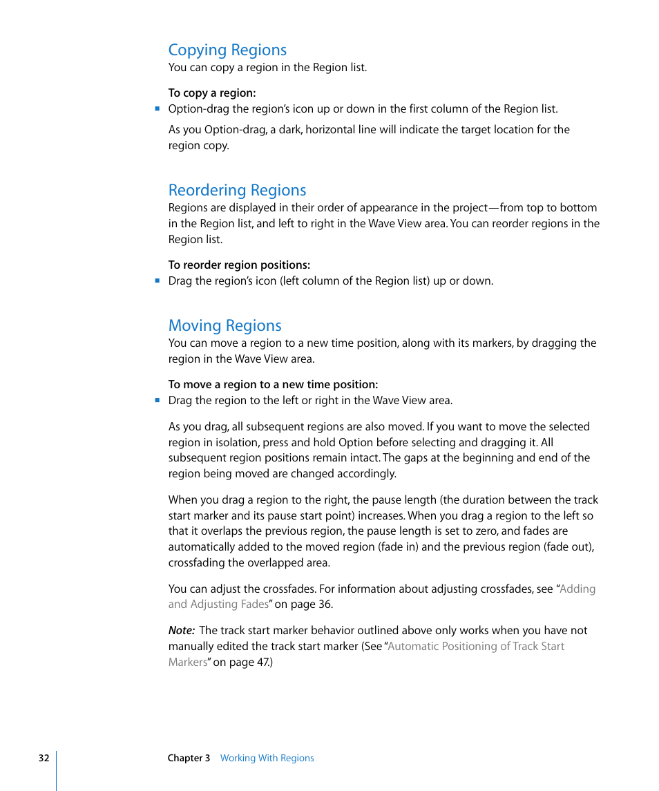 Copying regions, Reordering regions, Moving regions | Apple WaveBurner 1.5 User Manual | Page 32 / 65