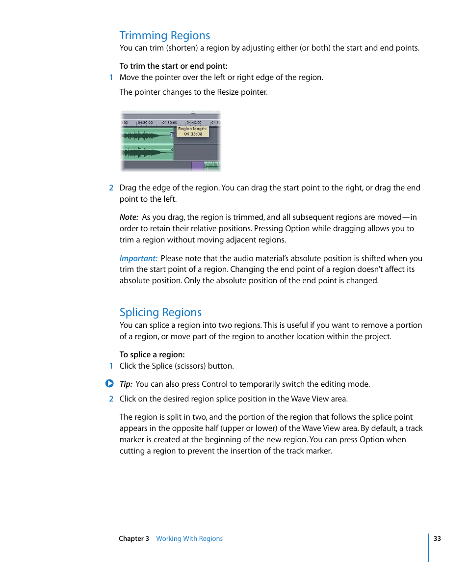 Trimming regions, Splicing regions | Apple WaveBurner 1.5 User Manual | Page 33 / 65