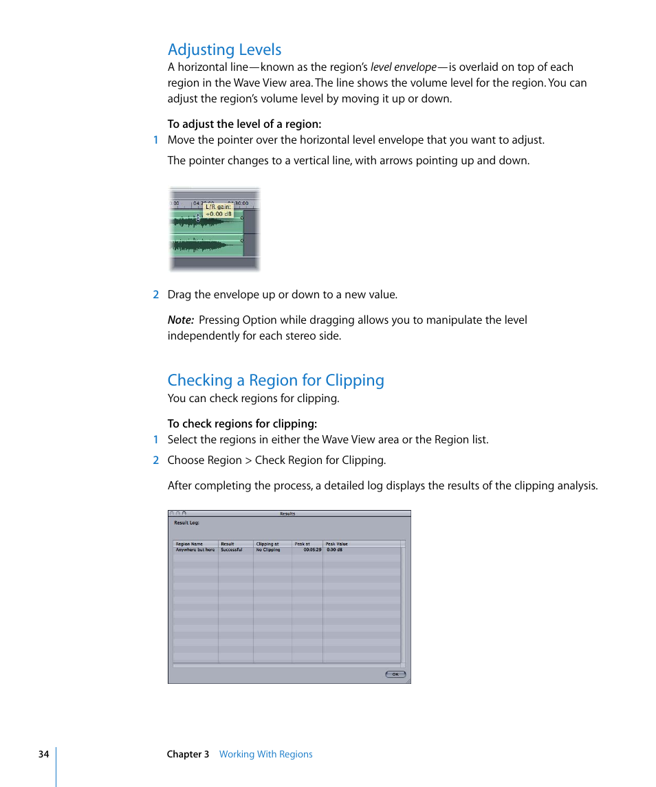 Adjusting levels, Checking a region for clipping | Apple WaveBurner 1.5 User Manual | Page 34 / 65