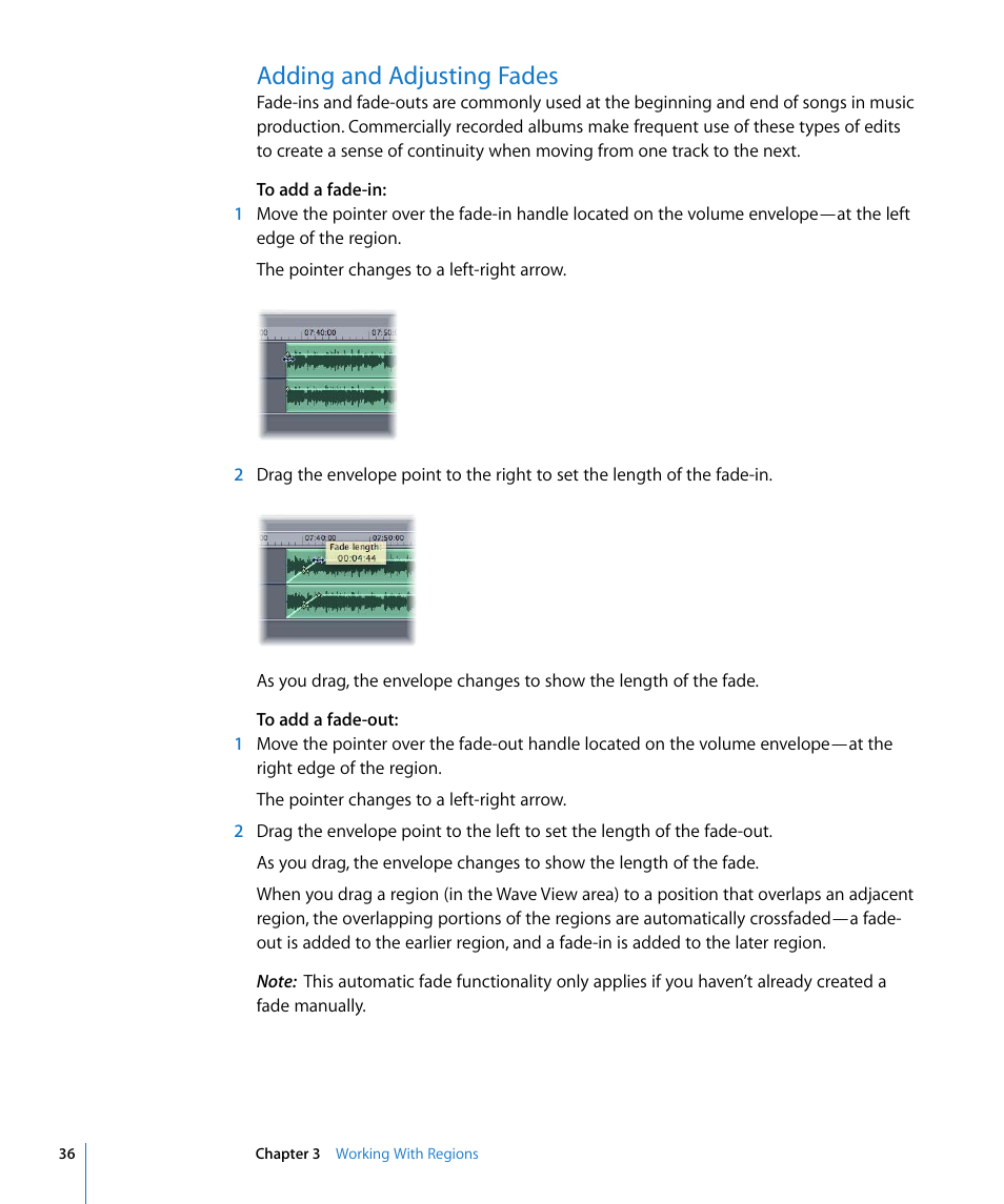 Adding and adjusting fades, Adding, And adjusting fades | Apple WaveBurner 1.5 User Manual | Page 36 / 65