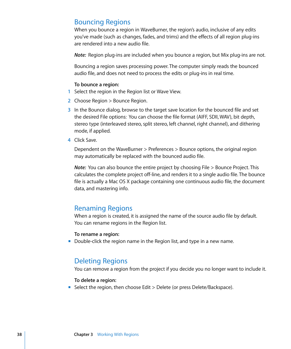 Bouncing regions, Renaming regions, Deleting regions | Apple WaveBurner 1.5 User Manual | Page 38 / 65