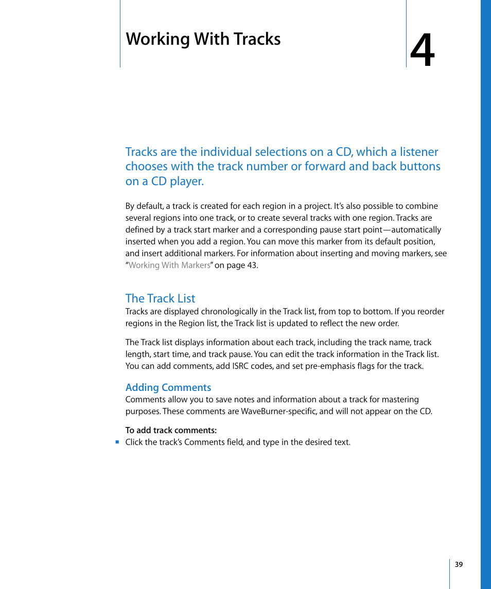 Working with tracks, The track list, Adding comments | Chapter 4 | Apple WaveBurner 1.5 User Manual | Page 39 / 65