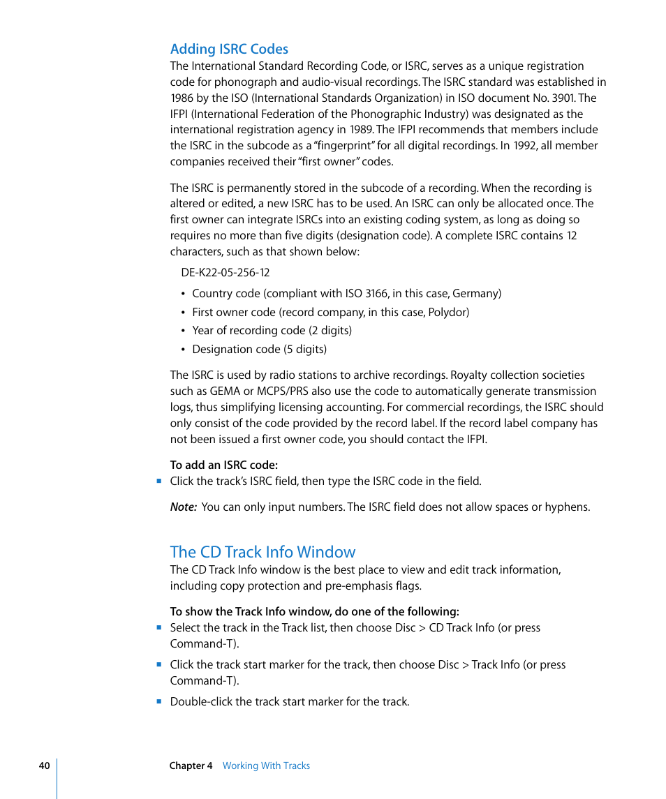 Adding isrc codes, The cd track info window | Apple WaveBurner 1.5 User Manual | Page 40 / 65
