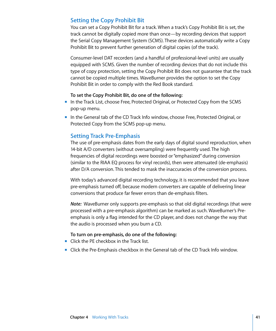 Setting the copy prohibit bit, Setting track pre-emphasis | Apple WaveBurner 1.5 User Manual | Page 41 / 65