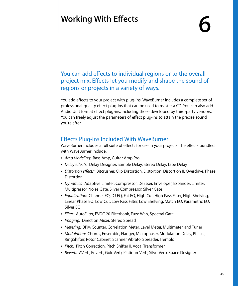 Working with effects, Effects plug-ins included with waveburner, Chapter 6 | Apple WaveBurner 1.5 User Manual | Page 49 / 65