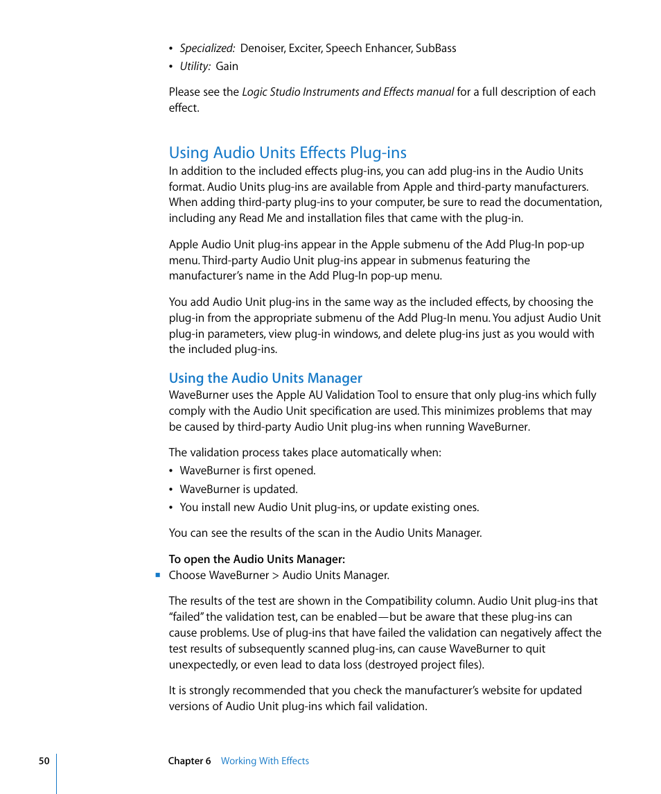 Using audio units effects plug-ins, Using the audio units manager | Apple WaveBurner 1.5 User Manual | Page 50 / 65