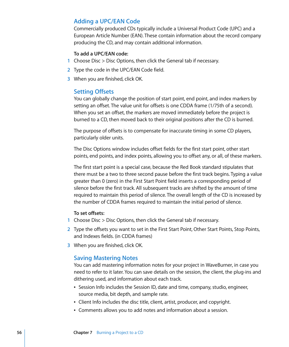 Adding a upc/ean code, Setting offsets, Saving mastering notes | Apple WaveBurner 1.5 User Manual | Page 56 / 65