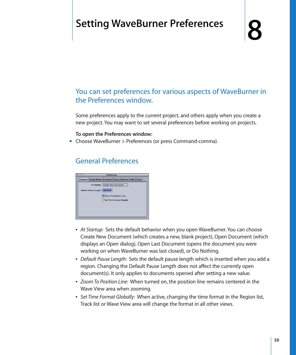 Setting waveburner preferences, General preferences, Chapter 8 | Apple WaveBurner 1.5 User Manual | Page 59 / 65