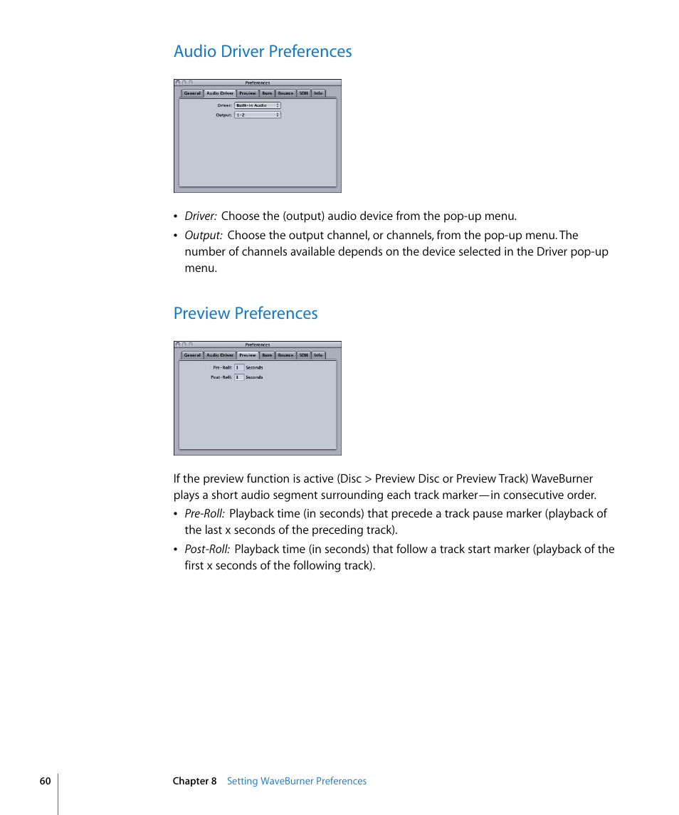 Audio driver preferences, Preview preferences | Apple WaveBurner 1.5 User Manual | Page 60 / 65