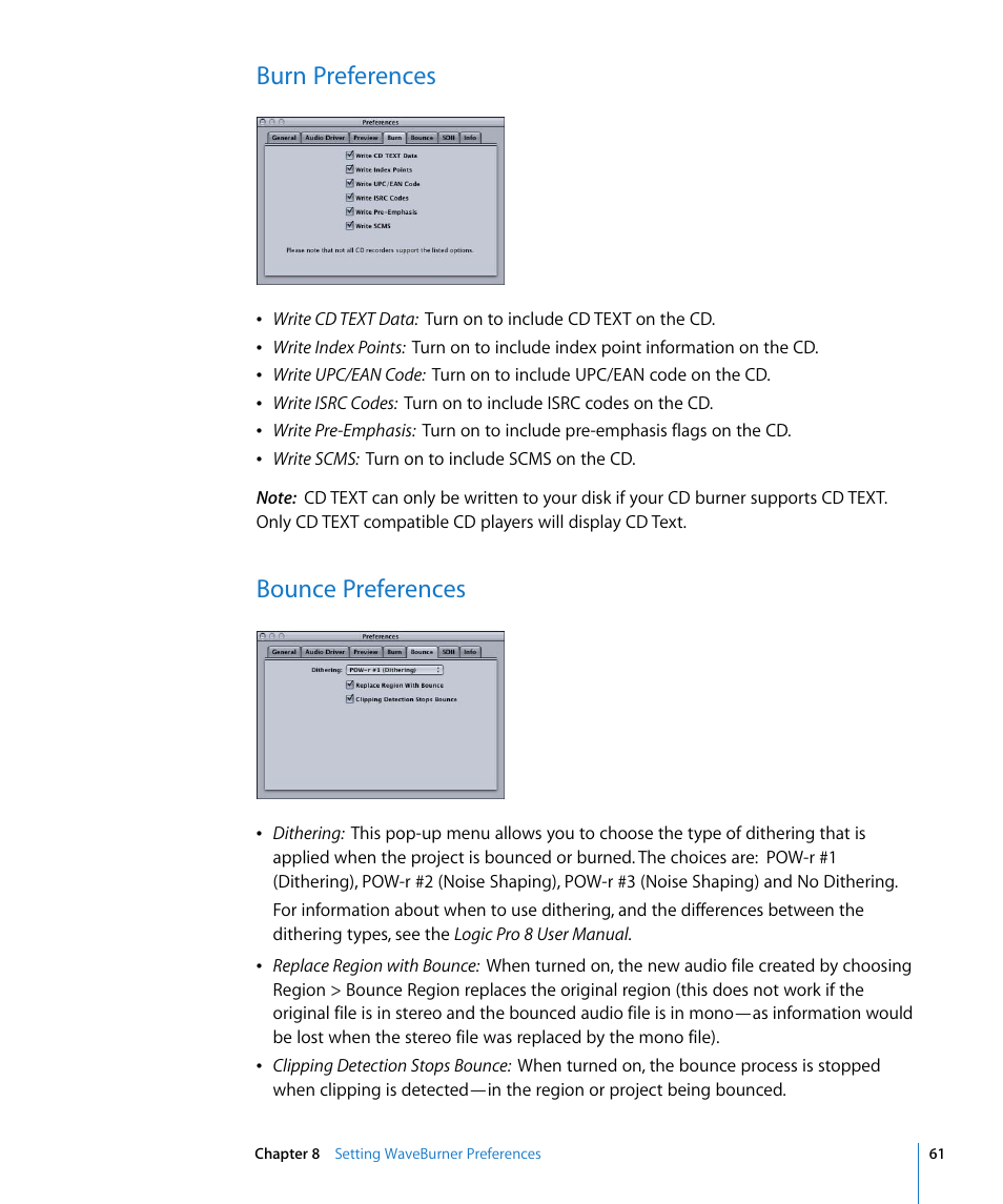 Burn preferences, Bounce preferences | Apple WaveBurner 1.5 User Manual | Page 61 / 65