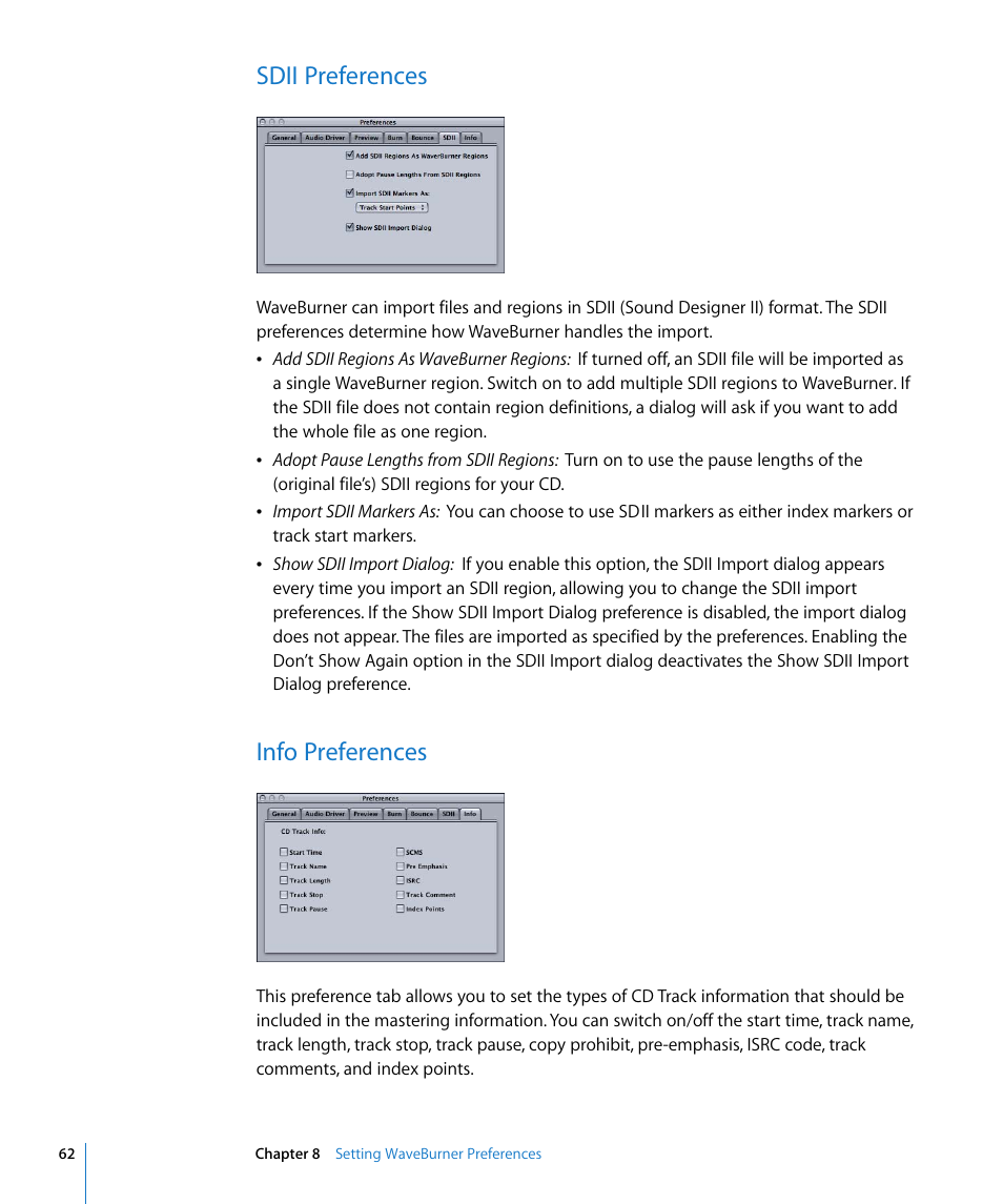 Sdii preferences, Info preferences | Apple WaveBurner 1.5 User Manual | Page 62 / 65