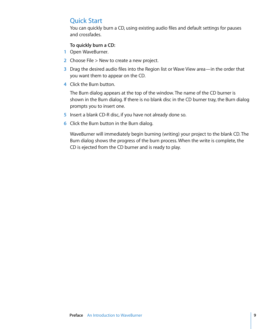 Quick start | Apple WaveBurner 1.5 User Manual | Page 9 / 65