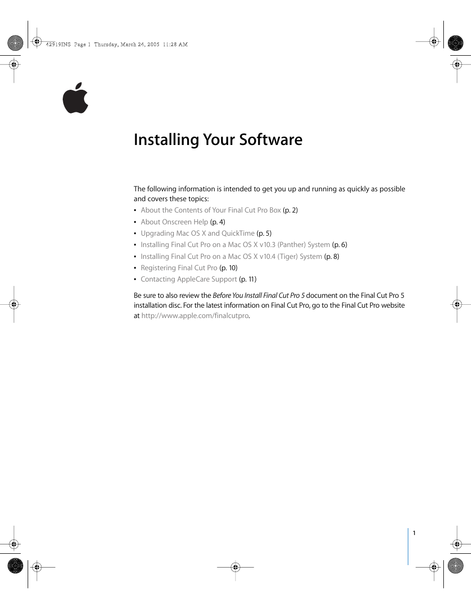 Apple Installing Your Final Cut Pro Software User Manual | 11 pages