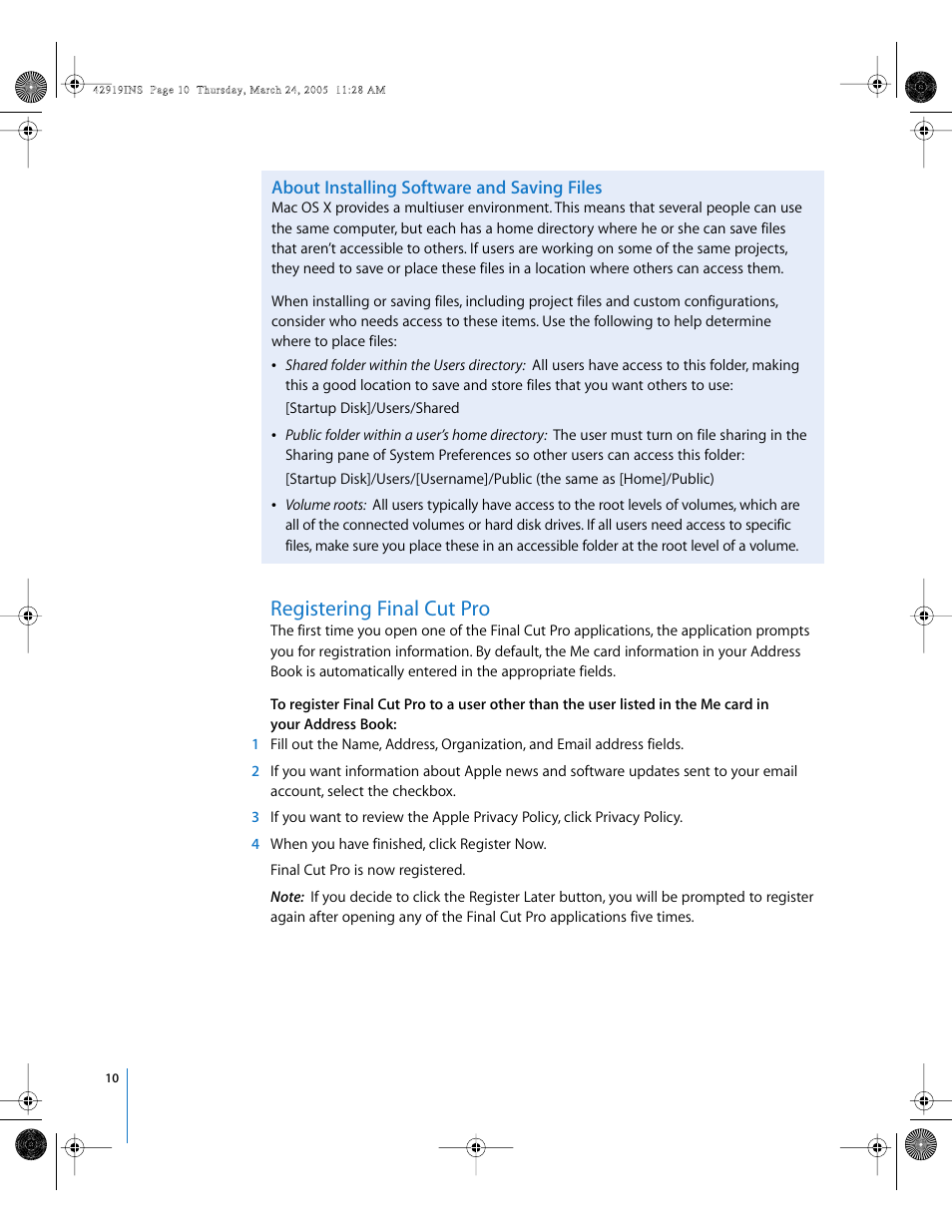 About installing software and saving files, Registering final cut pro, P. 10) | About installing software and, Saving files | Apple Installing Your Final Cut Pro Software User Manual | Page 10 / 11