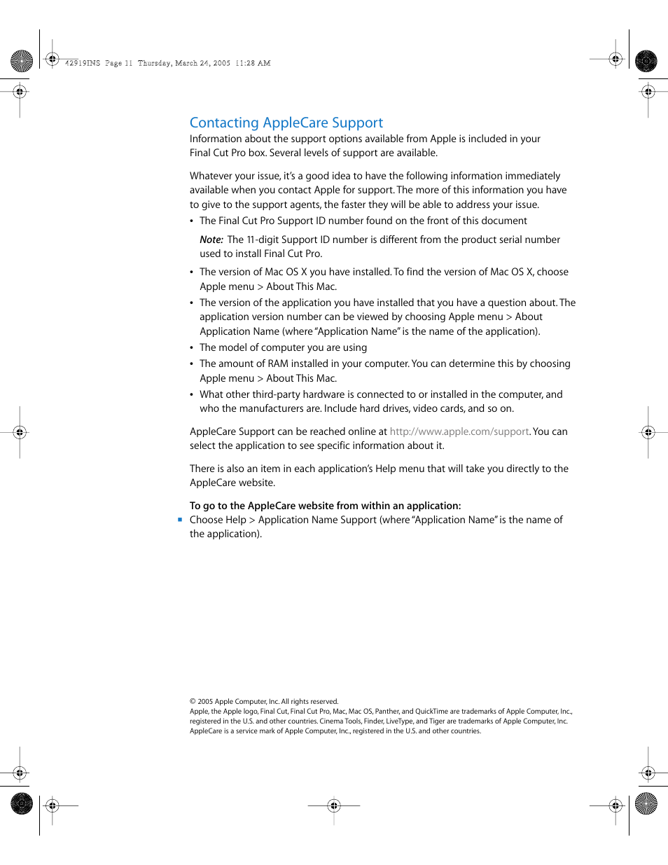 Contacting applecare support, P. 11) | Apple Installing Your Final Cut Pro Software User Manual | Page 11 / 11