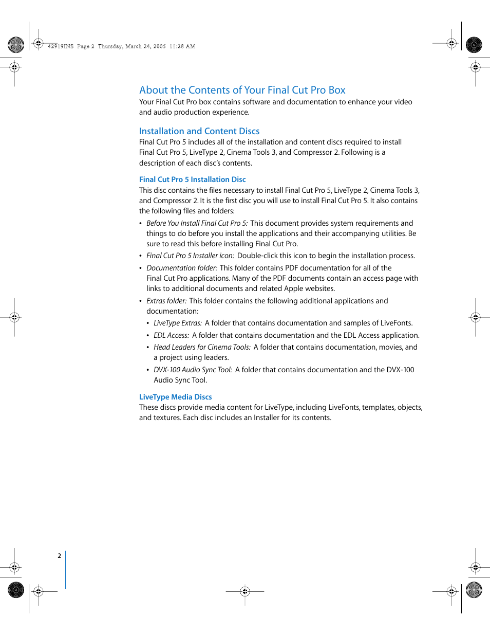 About the contents of your final cut pro box, Installation and content discs, P. 2) | Apple Installing Your Final Cut Pro Software User Manual | Page 2 / 11