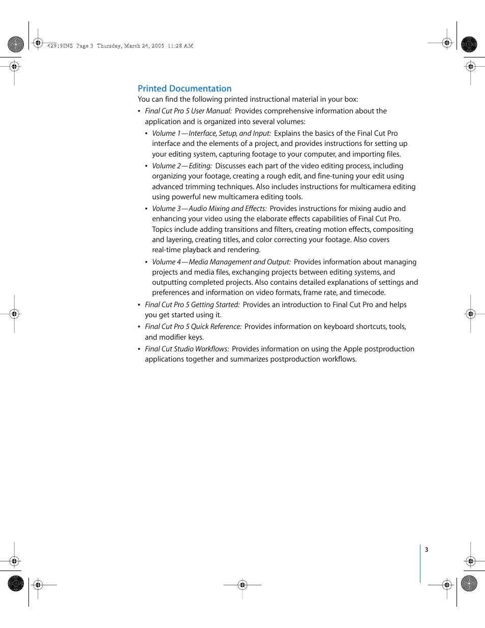 Printed documentation | Apple Installing Your Final Cut Pro Software User Manual | Page 3 / 11