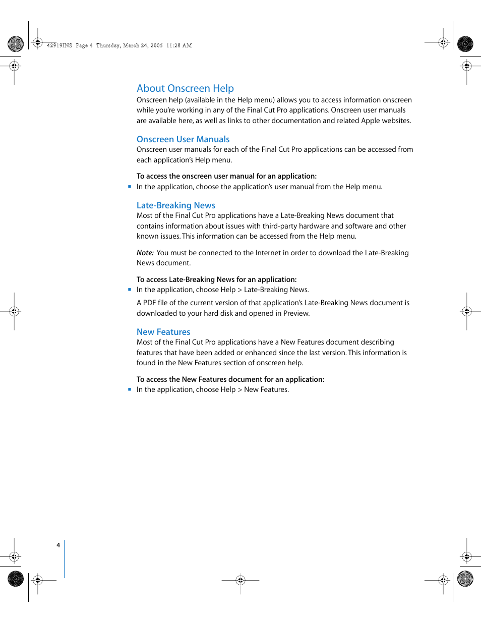 About onscreen help, Onscreen user manuals, Late-breaking news | New features, P. 4) | Apple Installing Your Final Cut Pro Software User Manual | Page 4 / 11