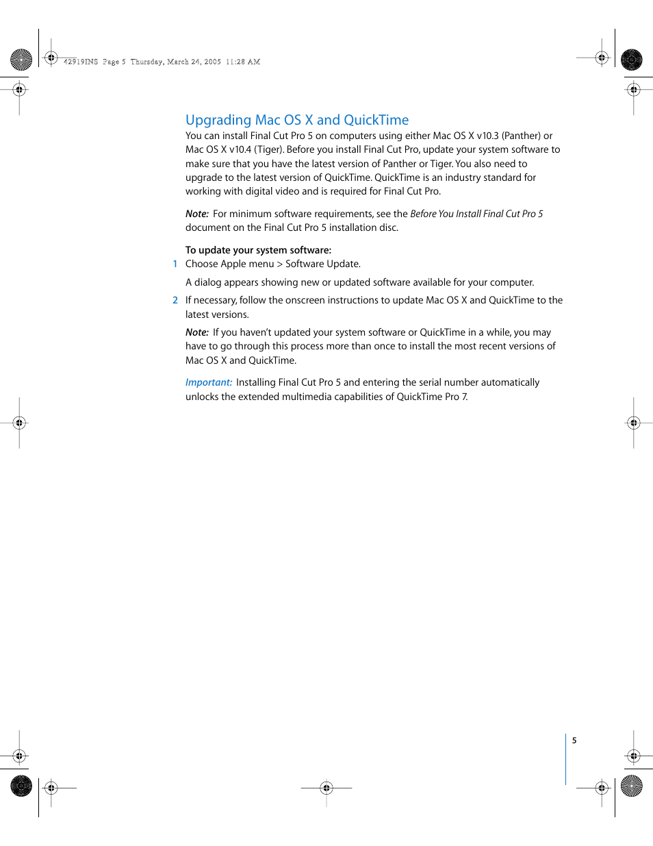 Upgrading mac os x and quicktime, P. 5) | Apple Installing Your Final Cut Pro Software User Manual | Page 5 / 11