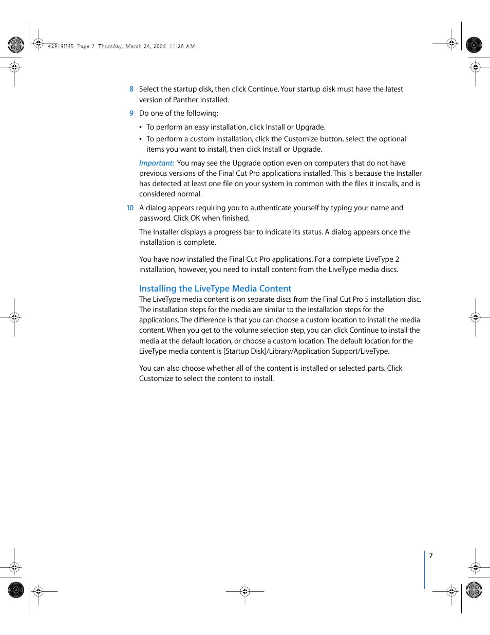 Installing the livetype media content | Apple Installing Your Final Cut Pro Software User Manual | Page 7 / 11