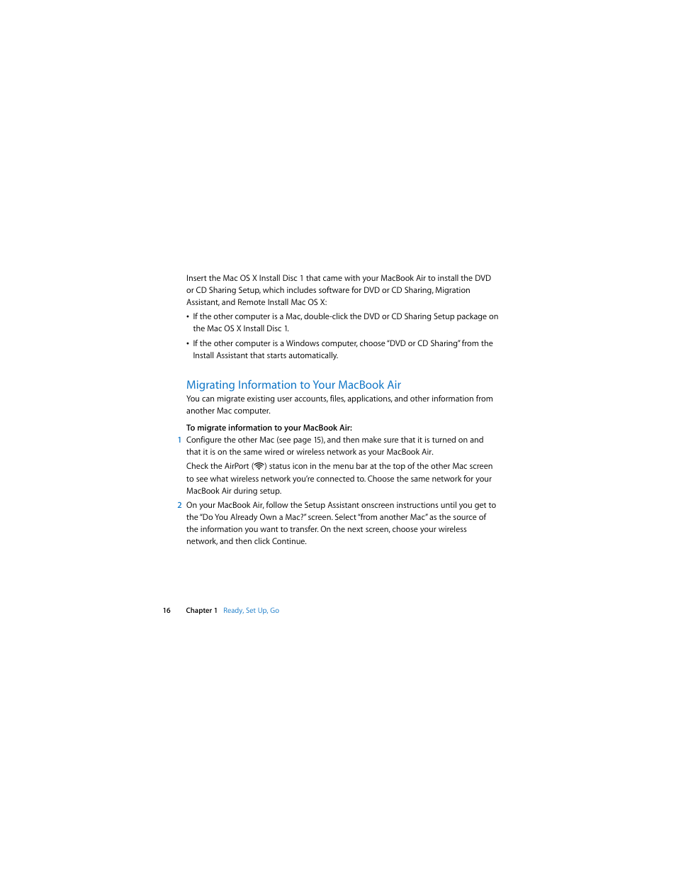 Migrating information to your macbookair, Migrating information to your macbook air | Apple MacBook Air User Manual | Page 16 / 76