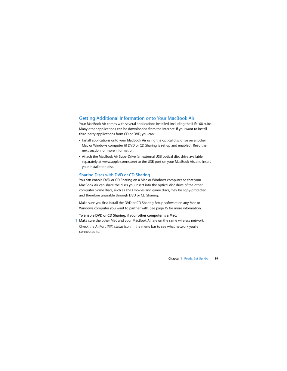 Sharing discs with dvd or cd sharing | Apple MacBook Air User Manual | Page 19 / 76